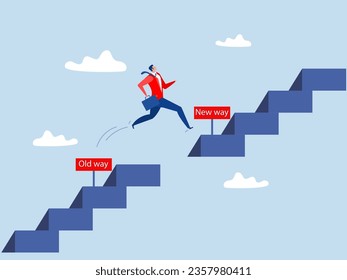 Businessman Jumping  up stair to new  way, Old way and new way choice, Choose a new direction, make a choice Improvement Concept. 