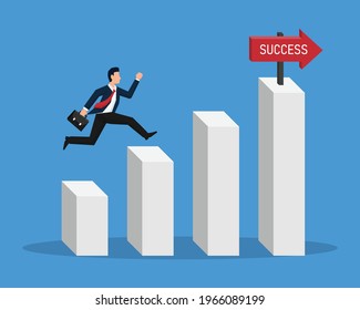 businessman jumping to success. step to successful. achieve business finance to goal. vector illustration in flat style modern design. isolated on blue background.