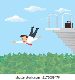 Businessman jumping in swimming pool of money, illustrator vector cartoon drawing
