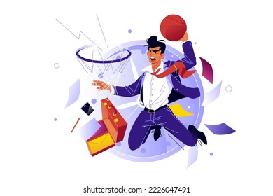 Businessman jumping taking slamdunk in basket vector illustration. Corporate goal achievement and market money profit flat concept