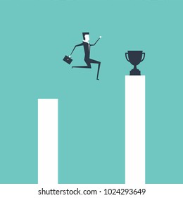 Businessman jumping through gap bar to get golden trophy.