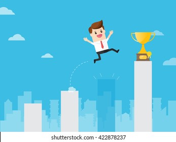 businessman jumping through gap bar like crisis to get golden trophy in charts in cityscape