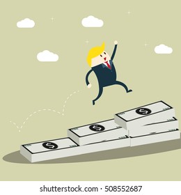 Businessman jumping through gap bar graph of banknote. Business Growth Concept ,creativity design vector.