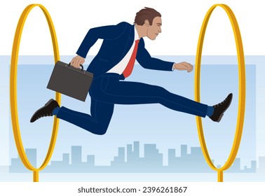 businessman jumping through hoops with sky and buildings in the background