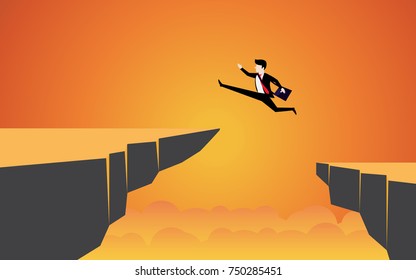Businessman jumping through mountain cliff to success, Sunset tone background. Concept business illustration flat