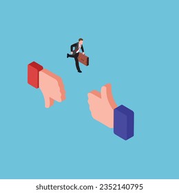 Businessman jumping from a thumbs down to a thumbs up icon roadmap to success isometric 3d vector concept for banner, website, illustration, landing page, etc