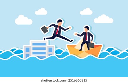 A businessman jumping from a top building onto a paper boat owned by a business partner, an illustration of a company facing bankruptcy, escaping a failing business