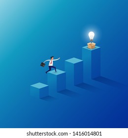 Businessman jumping to the top of the graph with light bulb from the last box. Business concept creative and idea. Vector illustration