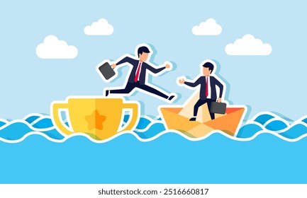 A businessman jumping from a top trophy onto a paper boat owned by a business partner, an illustration of declining achievements, business competition, and seeking a safe and comfortable zone