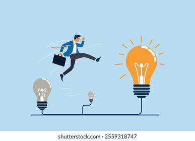 Businessman jumping towards a glowing lightbulb, symbolizing innovation, success, new ideas, growth, creativity, problem-solving, achievement, and business progress. Concept of leadership and ambition