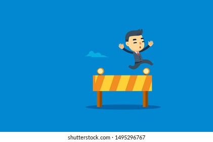 a businessman is jumping trough the obstacle