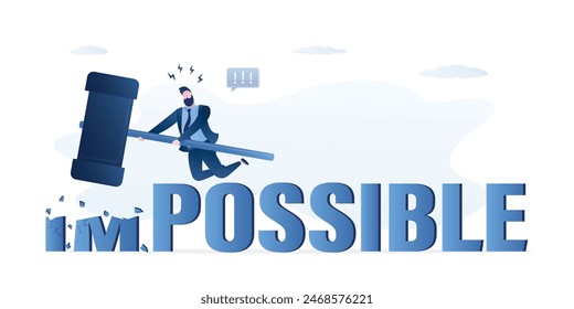 Businessman jumping and uses hammer destroying the word impossible to possible. Artwork design depicts possibility, opportunity, and determination. Motivation horizontal banner. Vector illustration