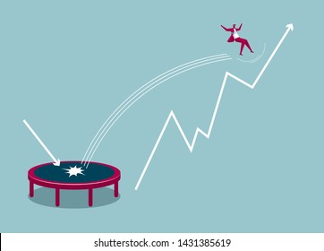 Businessman jumping using a trampoline. Isolated on blue background.