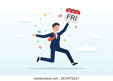 Businessman jumping while holding Friday sign, Happy Friday, relax or enjoy last working day and embrace weekend, tried routine day job employee, joyful lifestyle after stressful week long (Vector)