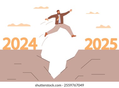 Businessman jumps from 2024 to 2025.Business bright future.Hope for 2025.Overcome business difficulties.  Business outlook.New year goal or achievement.Vector illustration.Motivation for success.