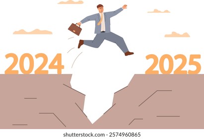 Businessman jumps from 2024 to 2025.Business bright future.Hope for 2025.Overcome business difficulties.  Business outlook.New year goal or achievement.Vector illustration.Motivation for success.