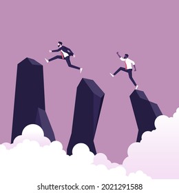 Businessman jumps across gap to achieve goal, Symbol of business challenge, opportunity, success, ambition and motivation