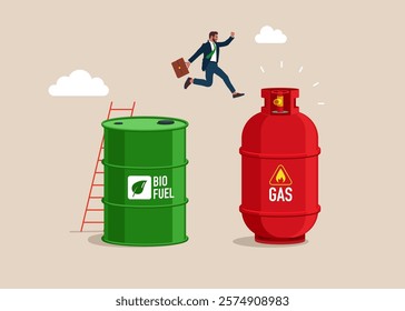 Businessman jumps from barrel of biofuel to gas cylinder. Use of gas instead of oil. Flat vector illustration. 