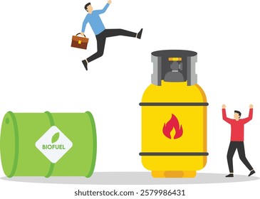 Businessman jumps from barrel of biofuel to gas cylinder. Use of gas instead of oil. Flat vector illustration.

