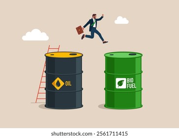 Businessman jumps from barrel of gasoline to biofuel. Sustainable green biofuel for ecology environment. Green energy technology. Use of biofuel instead of oil. Flat vector illustration. 
