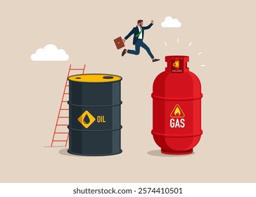 Businessman jumps from barrel of gasoline to gas cylinder. Use of gas instead of oil. Flat vector illustration. 