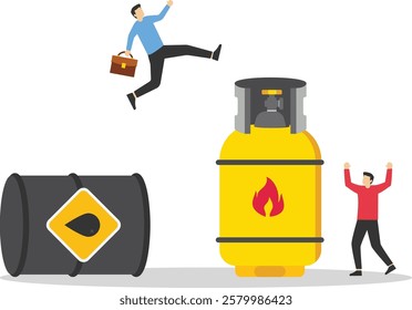 Businessman jumps from barrel of gasoline to gas cylinder. Use of gas instead of oil. Flat vector illustration.

