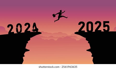 Businessman jumps between 2024 and 2025 years over the cliff and through the gap of hill silhouette evening sunset. business concept. leadership, target, and vision, Vector illustration.