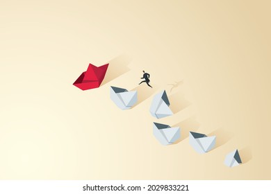 Businessman jumps from each sunken ship to a new target ship. startup concept finding new opportunities during the economic crisis. Vector illustration.