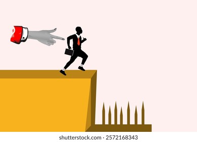 Businessman Jumps Gap, Risk, Danger, Leap of Faith, Challenge, Guidance, Hand Points, Success, Obsta