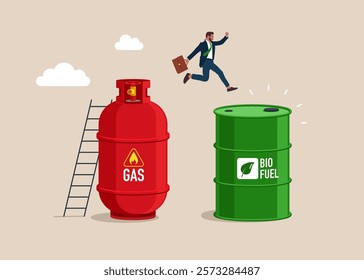 Businessman jumps from gas cylinder to barrel of biofuel. Use of biofuel instead of gas. Flat vector illustration. 