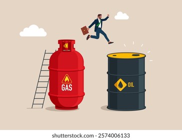 Businessman jumps from gas cylinder to barrel of gasoline. Use of oil instead of gas. Flat vector illustration. 