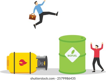 Businessman jumps from gas cylinder to barrel of biofuel. Use of biofuel instead of gas. Flat vector illustration.

