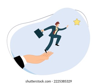 businessman jumps from giant hand and reach for star. concept of success. flat design vector illustration