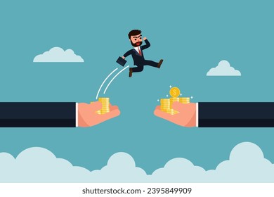 A businessman jumps from a hand with fewer gold coins to a hand that offers more gold coins. Changing jobs or moving into a higher-paying or better-paying job. Vector illustration