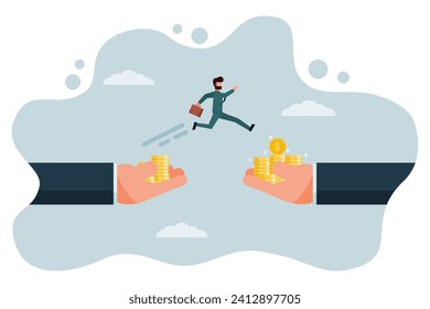 A businessman jumps from a hand with fewer gold coins to a hand that offers more gold coins. Changing jobs or moving into a higher-paying or better-paying job. Vector illustration flat design style