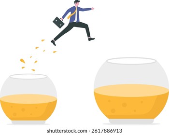 Businessman jumps into bigger empty aquarium. New life, big opportunities, challenge,comfort zone concept Vector illustration.

