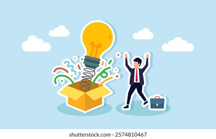 Businessman jumps with joy after receiving a gift box containing a lamp, illustration of happiness from gaining inspiration for an idea