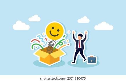 Businessman jumps with joy after receiving a gift box containing a happy emoticon, illustration of happiness from gaining positive attention from the market