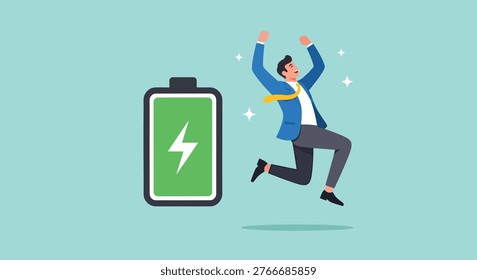 A businessman jumps with joy next to a fully charged battery icon, symbolizing high energy, motivation, and achievement in business.