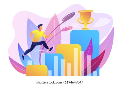 Businessman jumps on graph columns on the way to success. Positive thinking and success achievement, self-confidence concept on white background. Bright vibrant violet vector isolated illustration