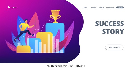 Businessman jumps on graph columns on the way to success. Positive thinking and success achievement, self-confidence concept on white background. Website vibrant violet landing web page template.