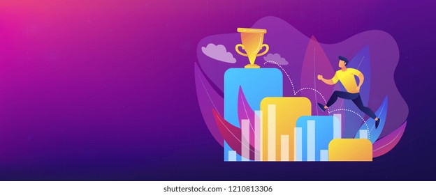 Businessman jumps on graph columns on the way to success. Positive thinking and success achievement, self-confidence concept on white background. Header or footer banner template with copy space.