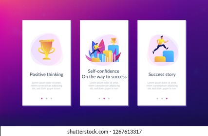 Businessman jumps on graph columns on the way to success. Positive thinking and success achievement, self-confidence concept on white background. Mobile UI UX GUI template, app interface wireframe