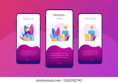 Businessman jumps on graph columns on the way to success. Positive thinking and success achievement, self-confidence concept on white background. Mobile UI UX GUI template, app interface wireframe