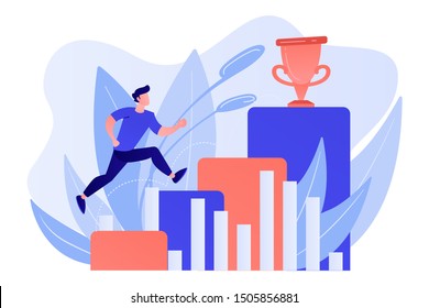 Businessman jumps on graph columns on the way to success. Positive thinking and success achievement, self-confidence concept on white background. Living coral blue vector isolated illustration