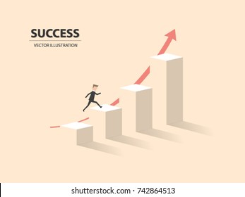 Businessman jumps on graph columns with his high ambition. A concept of success, achievement, motivation. Vector illustration.