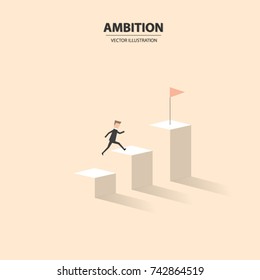 Businessman jumps on graph columns with his high ambition. A concept of success, achievement, motivation. Vector illustration.