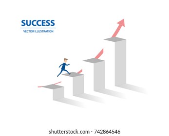 Businessman jumps on graph columns with his high ambition. A concept of success, achievement, motivation. Vector illustration.