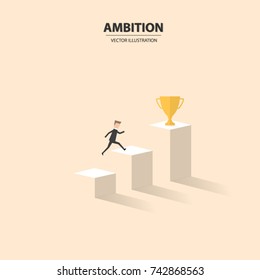 Businessman jumps on graph columns with his high ambition. A concept of success, achievement, motivation. Vector illustration.
