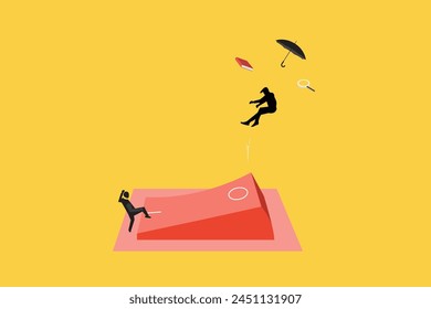 Businessman jumps on switch on off helping colleague jump higher